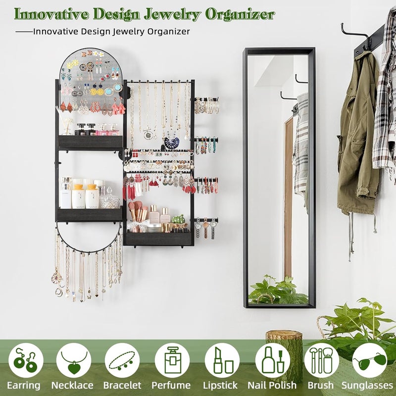 Keebofly Wall Mount Hanging Jewelry Organizer - Large Display Holder for Earrings, Rings, Necklaces, Bracelets, Watches and Perfume - Black - Image 4